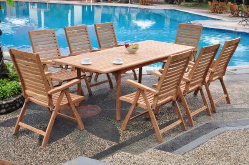 TeakStation 8 Seater Grade-A Teak Wood 9pc Dining Set: 94" Double Extension Rectangle Table and 8 Ashley Reclining Arm Chairs #TSDSASb