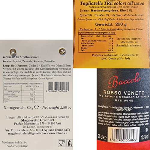 Präsentkorb „Gusto Italiano“ mit italienischen Spezialitäten: Italienischer Feinkost und Rotwein (1 x 0,75 l, 13,5 % vol.) | Geschenkset mit Pasta Tricolore, Arrabiata Gewürz und Baccolo Rosso