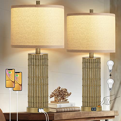 Wihtu Table Lamps Set Of 2 With 2 Charging Ports Ac Outlet, 27" High Bamboo Bedside Lamp For Bedroom Living Room Farmhouse Office, Rustic Resin Classic Bedside Table Lamp Brown, Bulb Included #TOP13