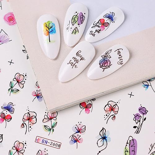 Geometry Line Flower Leaf Nail Art Stickers 12PCS Water Transfer Nail Decals Graffiti Painted Colorful Slider Sticker Floral Pastel Plant Sliders Acrylic Nail Sticker for Women Girls DIY Manicure - Image 3