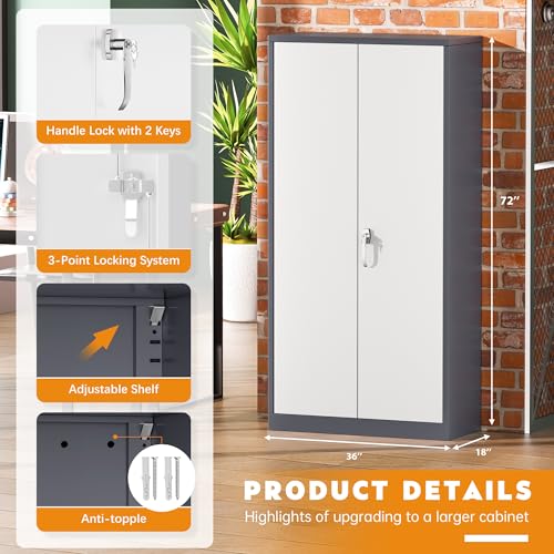 Image of Greenvelly Metal Storage Cabinet with 2 Doors and 4 Adjustable Shelves,72 inch Locking Metal Garage Cabinet, Steel Tool Cabinets, Lockable Filling Cabinet for Home, Office, Garage, School(36 inch W x 18 inch D)