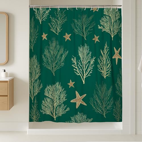 Coral Shower Curtain, Coastal Natural Starfish Seaweed Summer Teal Washable