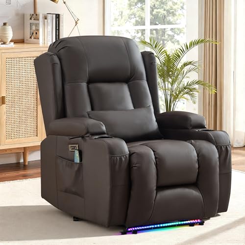 Image of URRED Recliner Chair with Massage and Heat, Power Reclining Sofa Chair Home Theater Seating with LED Ambient Light, USB Ports, Cup Holders, Side Pockets, Faux Leather (Brown, Set of 1)