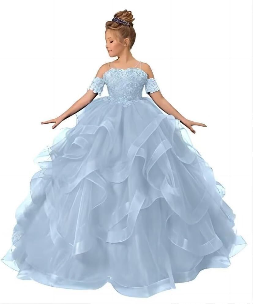Lace Applique Pageant Dresses for Girls Long Poofy Flower Girl Dress for Wedding Toddler Ball Gow FAY14