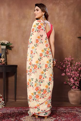 Image of Panzora Women's Georgette Printed Ready To Wear One Minute Saree With Unstitched Blouse Piece