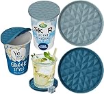 Wingcases - Yoghurt Pot Lids ONLY Fit 9.5cm Diameter Pots(2 pcs, Dark blue & Light blue) Reusable Silicone Large Tops, Reversible to Coaster, for 9.5cm Yogurt, Cream Pots
