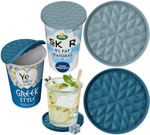 Wingcases - Yoghurt Pot Lids ONLY Fit 9.5cm Diameter Pots(2 pcs Dark blue & Light blue) Reusable Silicone Large Tops Reversible to Coaster for 9.5cm Yogurt Cream Pots
