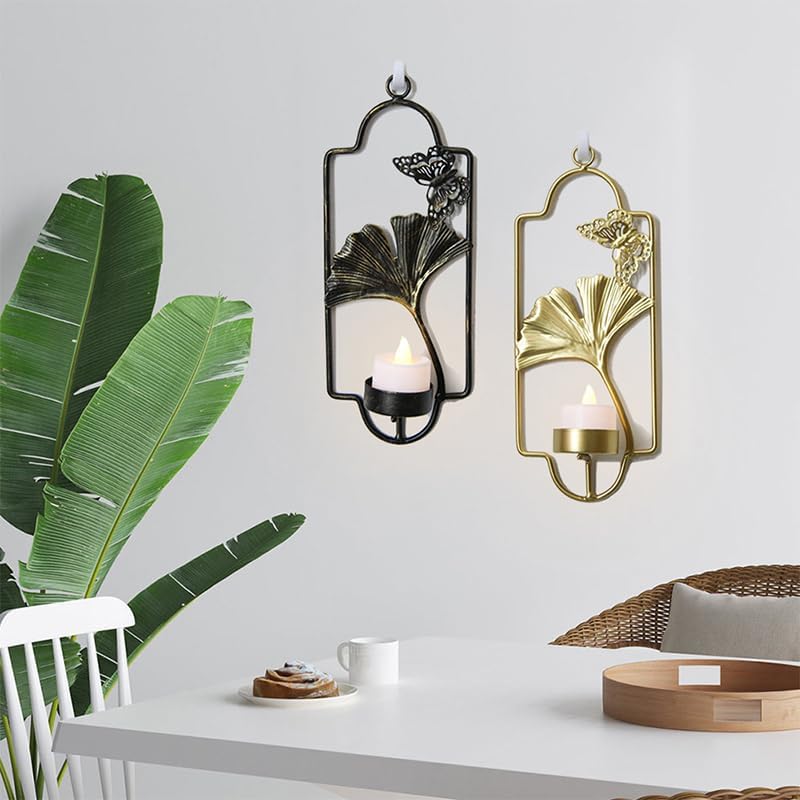 キャンドルホルダースタンド 鉄製 壁掛けキャンドルホルダー クリエイティブ レトロ イチョウの葉 装飾キャンドルスティックホルダー