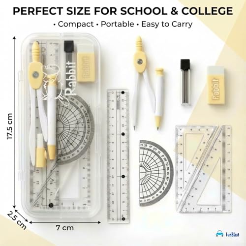 Image of FunBlast Rabbit Theme Compass Set - 7 Pcs Transparent Geometry Box with Protector, Set Squares, Ruler, Compasses, Ruler Set, Math Geometry Kit for Student & Professional (Yellow)