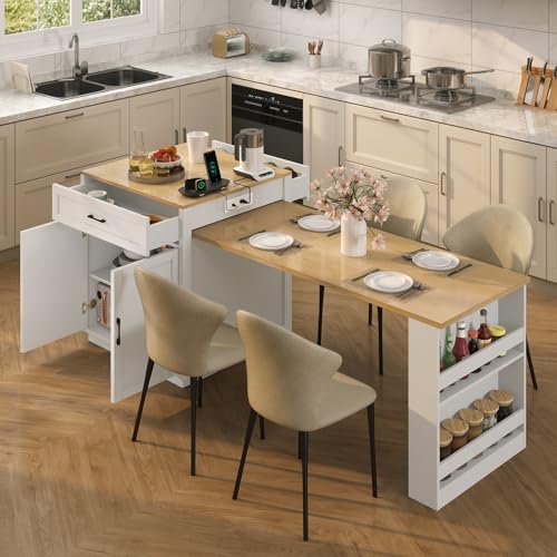 Rovibek Kitchen Island Expandable Table with Storage for 2-6 Person, Kitchen Islands with 2 Drawers, 2 Side Open Shelves and Built-in Power Outlet, Faux Marble Top Island Table White by Rovibek - Used condition - US$292.80