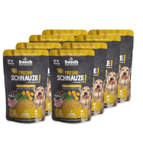 Bosch Freshe Schnauze, Huhn mit Kürbis und Brokkoli 8 x 250 g, Schonend Dampfgegartes Nassfutter für Hunde, Vollwertiges Alleinfuttermittel mit hohem Fleischgehalt, 8 x 250 g Hundenassfutter