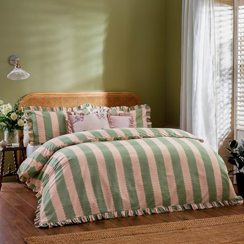 furn. Wylder Birdie Stripe Set Copripiumino – Reversible Con Volant Cotone Ricco A Righe Biancheria Da Letto (Rosa/Verde - 200x200cm)