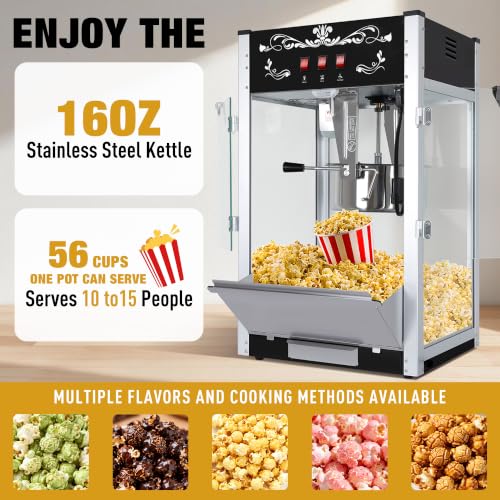 Image of Countertop Popcorn Machine 16 Oz Popcorn Maker for Commercial Black | 3 Independently Controlled Switches, Easy to Use /Clean, Vintage Design, Quick Heat, Great for Commercial /Home