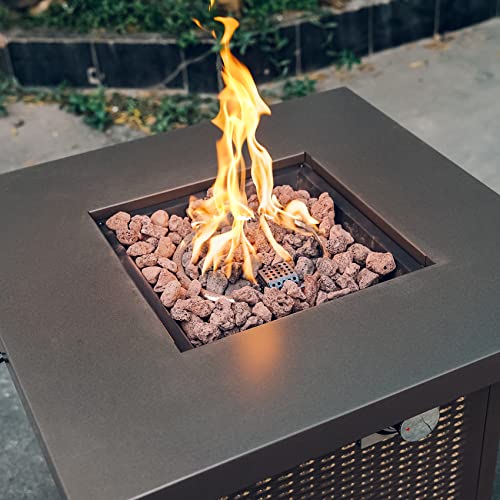 Outdoor Fire Table With Lid And Lava Rocks, 28 Inch Gas Fire Pits 50,000 Btu. Fireplace Add Warmth And Ambience To Gatherings And Parties On Patio Garden Backyard, Brown #TOP7