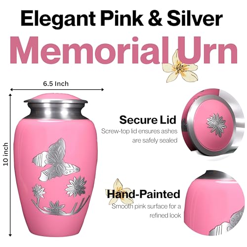 Image of ALPHA Living HOME Cremation Urns for Human Ashes Adult, Handcrafted Aluminum Memorial Urn, Butterfly Engraving, Velvet Carry Bag, Secure Screw Lid Funeral Burial Urn for Adult Male Female, Pink Silver