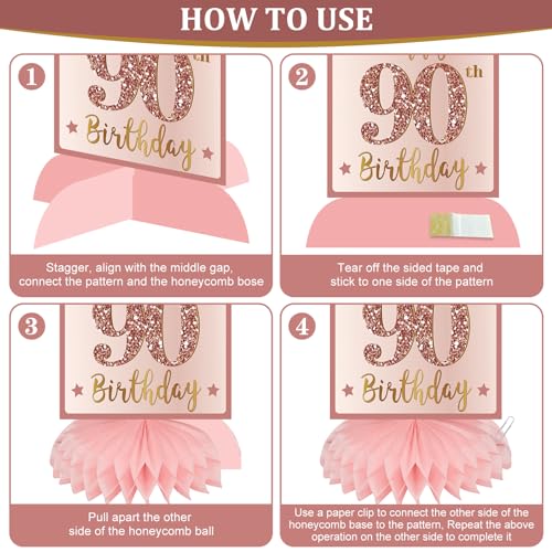 Image of Zirtorei 90th Birthday Decorations for Women, Pink Rose Gold The Year 1936 Happy 90th Birthday Table Honeycomb Centerpieces Party Supplies, 5pcs 90 Year Old Bday Table Toppers Decor