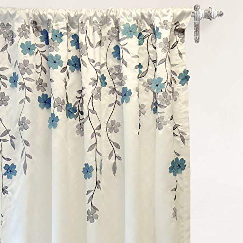 Driftaway Isabella Faux Silk Embroidered Window Curtain Embroidered Crafted Flower Lined With Thermal Fabric Single Panel 50 Inch By 84 Inch Ivory Blue #TOP1