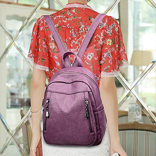 Mochila escolar de cuero suave morada moda casual para damas 4