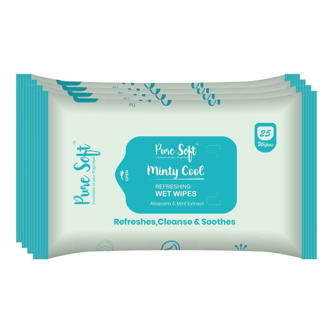 Pure Soft Minty Cool Refreshing Wet Wipes 25N Each - Pack of 4 | Wet Wipes for Face with Aloe Vera Extract & Peppermint Oil | Makeup Remover Wipes | Hydrating, Refreshing, Soothing | Paraben & Alcohol Free-image-40