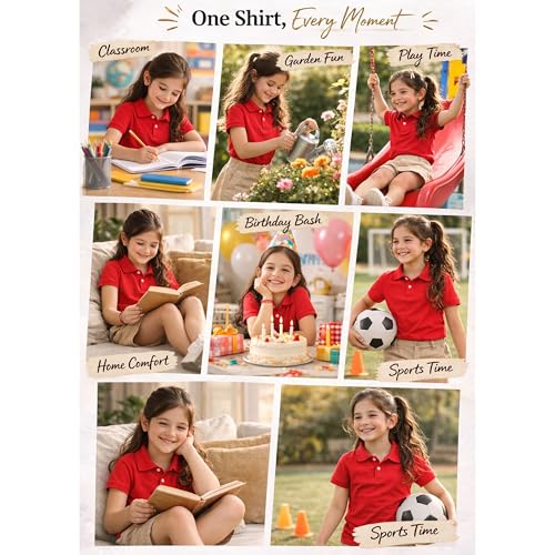 Image of Kids Girls Polo T-Shirt | Half Sleeves | 100% Organic Cotton Rich Bio-Wash Fabric | Ultra Soft & Breathable | Regular Fit | Plain Solid Color Casual Wear & School Uniform