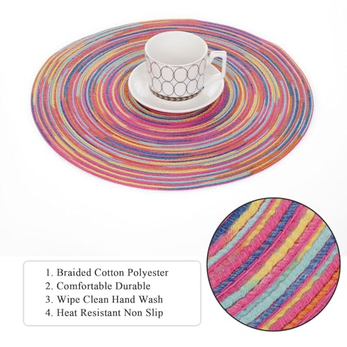 Image of SHACOS 15 inch Round Placemats Set of 6 Variegated Multicolor Place Mats Cotton Polyester Braided Non Slip Washable Heat Resistant Table Mats for Home Wedding Dinner Party Table Decor, Rainbow Pink