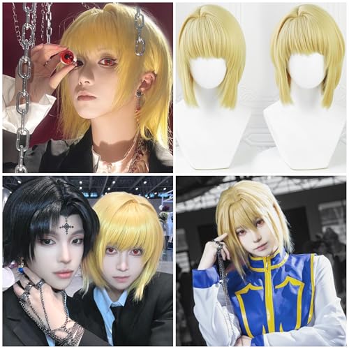 Image of Half and Half Short Straight Blonde Hunter Wig with Bangs Anime Blonde Chain Killer Costume Wigs Synthetic Fiber Hair for Halloween Party