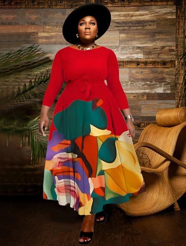 Image of BFFBABY Women's Wrap V Neck Plus Size Maxi Dresses 3 /4 Sleeves Chain Floral Printed Swing Dress with Belt