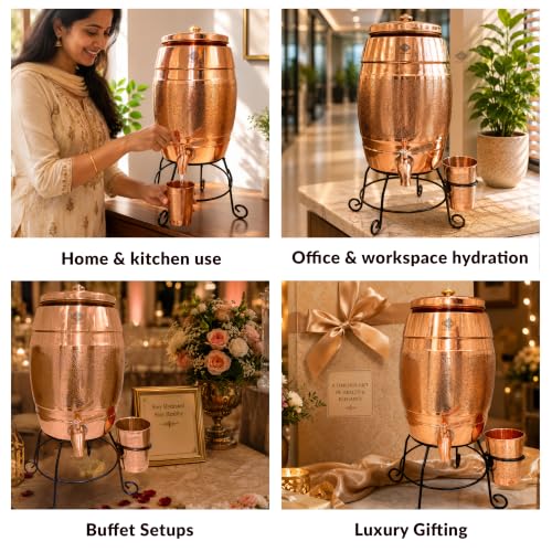Image of Indian Art Villa Copper Water Pot with Embossed Design, 5 Litre Water Storage Vessel with Stand, Tap & Glass (275 ML), Ayurvedic Water Dispenser for Home, Office, Dining & Gifting