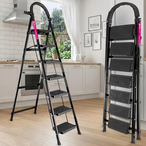 Image of Casa Copenhagen Black 7 Step Ladder for Home Use with Built-in Tool Tray | Heavy Duty D Shape Rods | Ultra Large Platform | Wide Rubber Feet | 150Kg Capacity Foldable Ladder - 7 Years Warranty