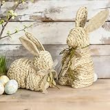 ARQRHTLY 2 Pcs Cornhusk Woven Bunny Easter Decor, 11/7 in Rattan Bunny Figurines with Bow, Spring Easter Decorations, Animal Table Centerpieces for Indoor Outdoor Home Kitchen Farmhouse Gift