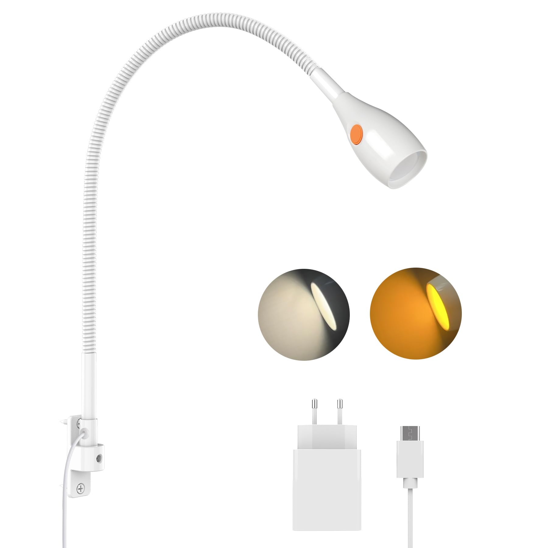 acegoo LED Leselampe Bett Vollmetall, Dimmbar Schwanenhals Lampe 3000K/Bernstein, Wandmontage Weiß mit Schalter Flexible, Drehbarer Leuchtenkopf für Buch Schlafzimmer (1 pack)