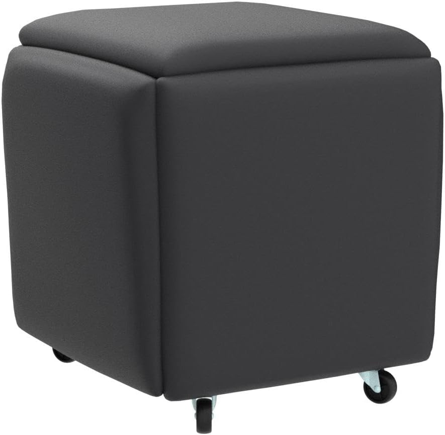 5 in 1 Nesting Ottoman Cube Chair, Stackable Stools, Leather Square Ottoman Bench, Foot Stool with Wheels for Living Room,Dining Room 15.75x15.75x16.54 inches