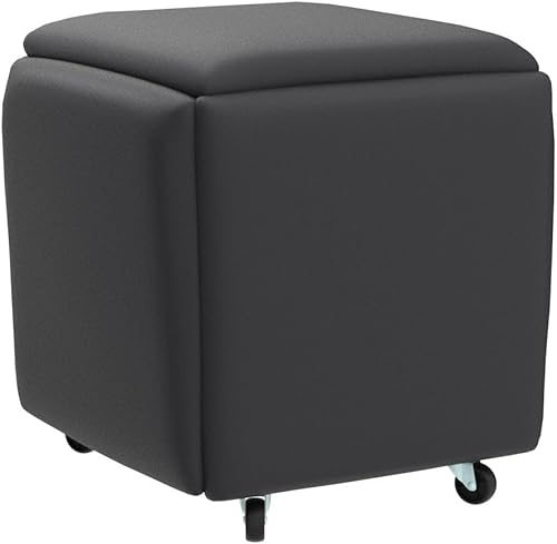Miniatura 9 de Silla otomana anidable 5 en 1, taburetes apilables, banco otomano cuadrado de cuero, taburete de pie con ruedas para sala de estar, comedor, 15.75 x