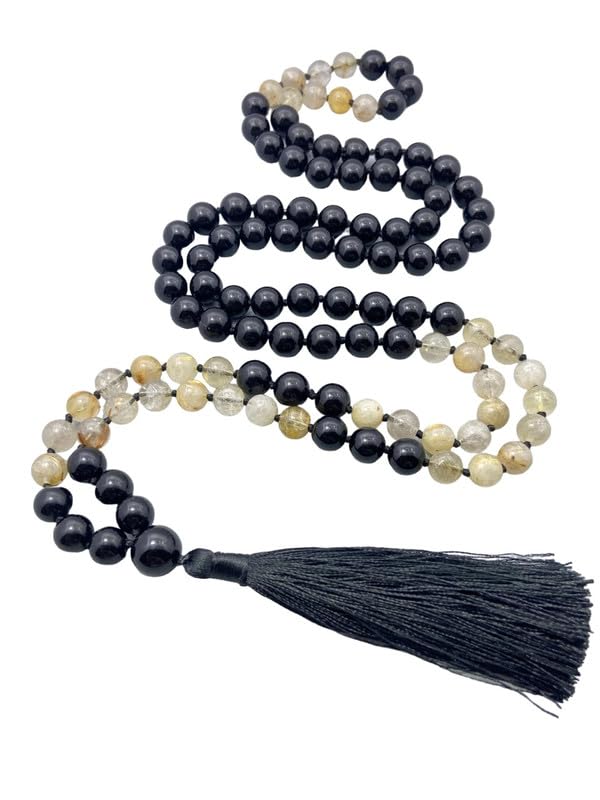 Collier Mala 108 perles en rutile et obsidienne noire 8mm pour la prière et méditation