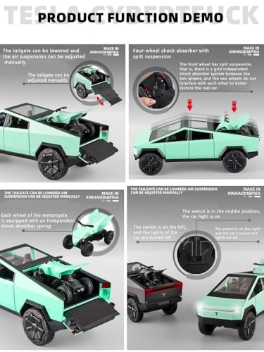 Image of WORSHIPER 1:24 Scale Tesla Cybertruck Model Collection Enthusiasts Toy Pull Back Pick-Up Truck with Sound and Light, Alloy Diecast Cyber-Truck Toys for Kids Gift (1:24 Tesla Cybertruck-Green Color)
