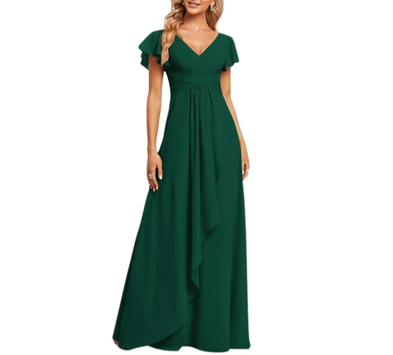 SAYNO Short Sleeves Engagement Dresses for Women Ruched Costume Party Dresses Formal Evening Gowns Zipper HLSA148 Dark Green UK16