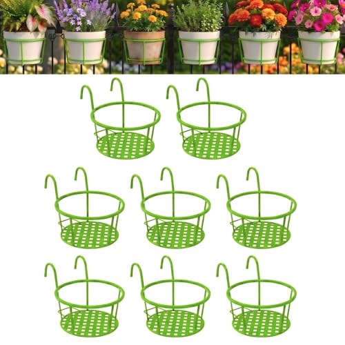 PRIME KRAFTS Anti Rust Flowerpot Holder | Metal Hanging Planters for Balcony | Railing Planters, Fence Garden Flowerpot, Gamla, Round Flower Pots for Home and Garden (Green - Pack of 8)