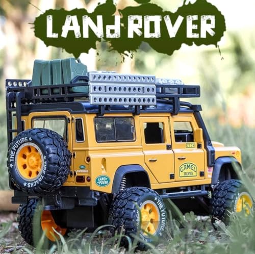 Image of 1:28 Scale Die-Cast Metal Camel Trophy Defender with 6 Openable Doors,Music,Lights & Pull Back Action (Yellow)