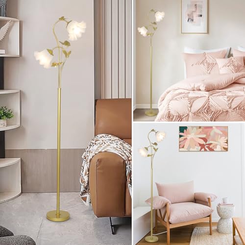 Image of HMVPL Gold Floor Lamp for Living Room, Flower Standing Lamp with 2 LED 5W Blubs, Foot Switch, Floral Tall Lamp with Acrylic Shade, Antique Lotus Flower Floor Lamp for Living Room Office Reading
