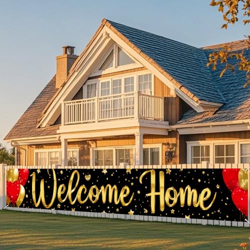 Image of Nuxovilar Welcome Home Banner 118.1x19.6 Inches Polyester | Homecoming Decor Welcome Backdrop gold balloon banner family photo sign hallway patio porch (Gold Red)