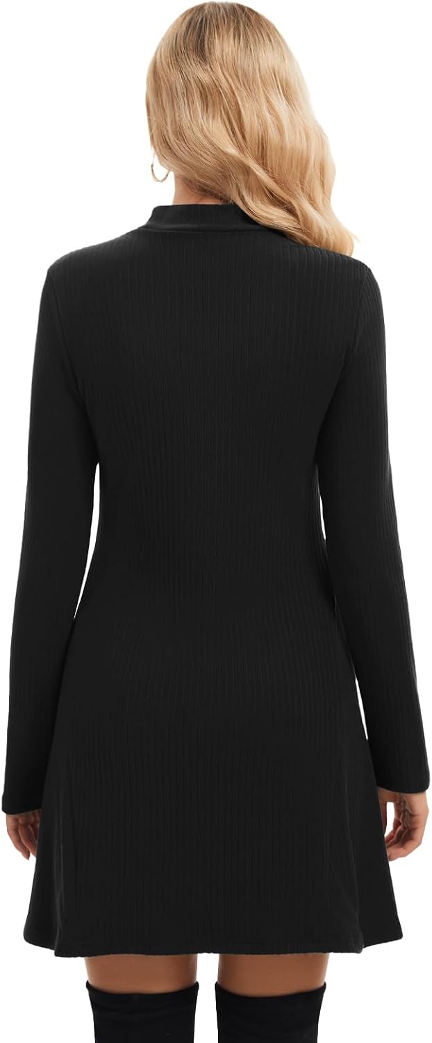 WOWENY Women's Long Sleeve Sweater Dress Mock Neck Ribbed Knit Mini Dresses Fall Winter Turtleneck A Line Short Dress - Image 2