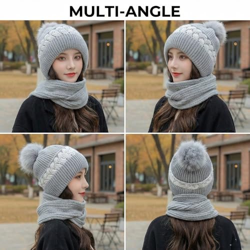 Image of Kraptick Women's Winter Cap and Scarf Set- Thick Fleece Lined Knitted Beanie Hat and Neck Warmer Muffler for Ladies, Stretchable & Soft Woolen Snow Proof for Extreme Cold -6