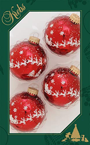 Krebs Glas Lauscha Weihnachtsdekoration/Christbaumschmuck aus Glas - Weihnachtskugeln - Motiv: Rot Rentiere Schneeflocken - 4 Stück - Größe: ca. 7 cm