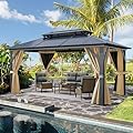 YITAHOME 10x13FT Gazebo Polycarbonate Hardtop Double Roof Canopy Outdoor with Netting and Shaded Curtains, Aluminum Frame for Patio, Backyard, Deck and Lawns, Brown