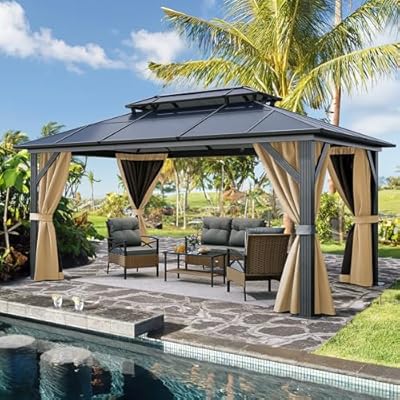 YITAHOME 10x13FT Gazebo Polycarbonate Hardtop Double Roof Canopy Outdoor with Netting and Shaded Curtains, Aluminum Frame for Patio, Backyard, Deck and Lawns, Brown
