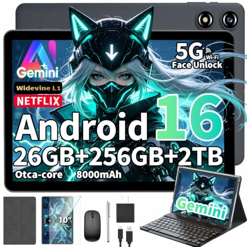 Image of 2026 Android 16 Tablet, 10 inch Tablet with Keyboard, 26GB+256GB, Gemini AI | AI Tablet PC with Octa-Core, 5G WiFi, 8000mAh, 2-in-1 Tablet with Case, Mouse, Stylus, Tablet for Students & Business(Silver)