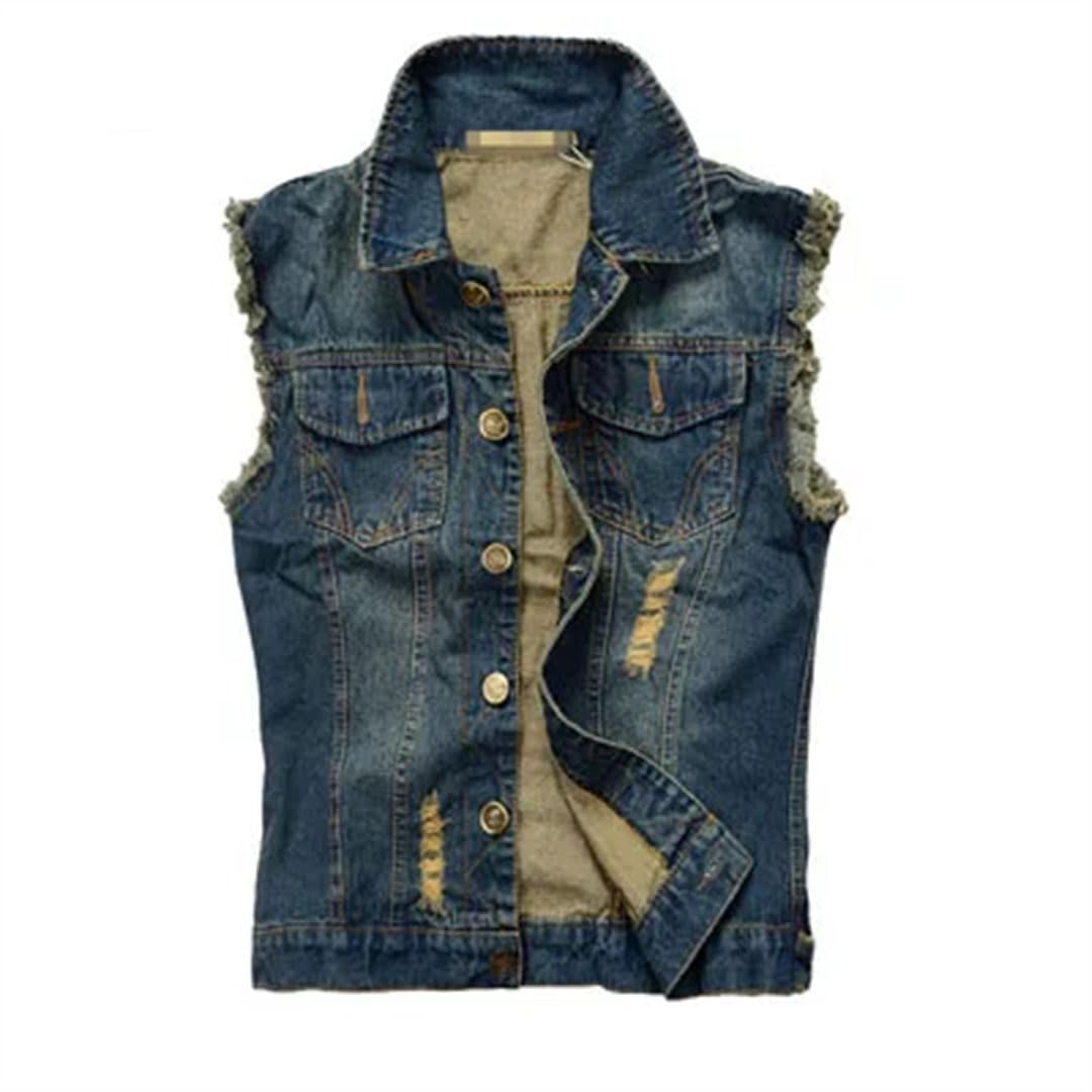 Gilet da uomo in denim strappato top jeans lavato gilet uomo retrò cowboy hip hop senza maniche giacca