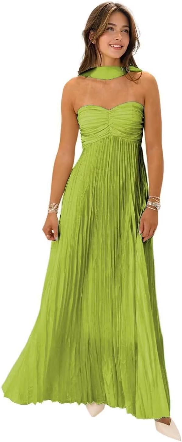 Lorencia Strapless Chiffon Bridesmaid Dresses with Scarf Long Pleated A Line Prom Formal Evening Party Gowns for Women