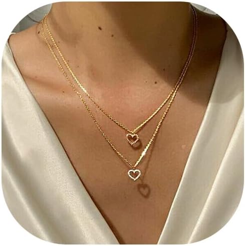Gold Layered Necklace for Women 14K Gold Plated Dainty Necklace Diamond Cross Heart Pearl Snake Pendant Necklace Herringbone Paperclip Chain Choker