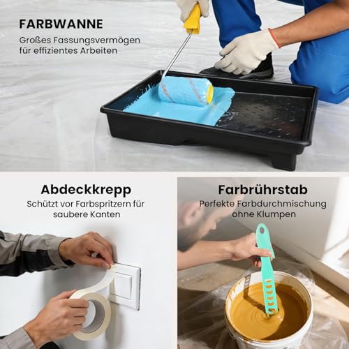 GEEKHOM 17-teiliges Farbroller Set mit Teleskopstange, Malerrolle (Groß, Klein, Mini), Farbwanne, Pinsel, Spachtel, Malerkrepp - Malerset Streichen Zubehör Komplettset für Wandfarbe und Decken